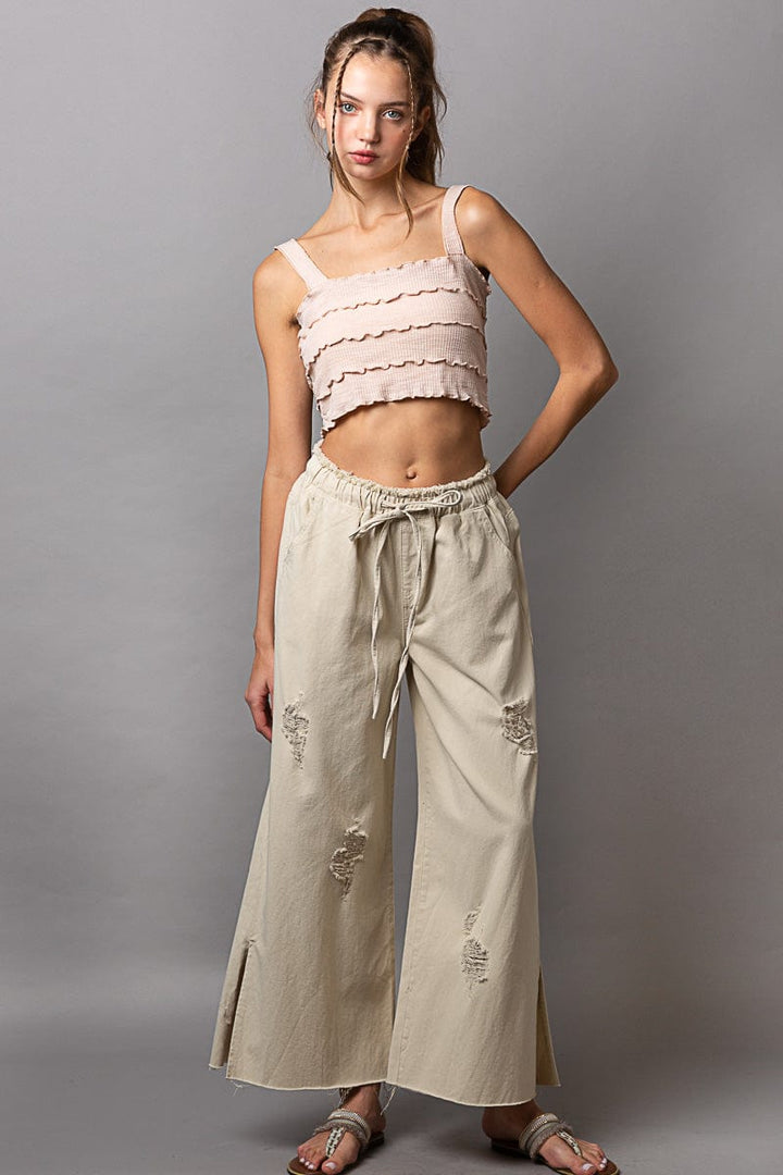 POL Wide Leg Distressed Denim Pants with Drawstring Waistband
