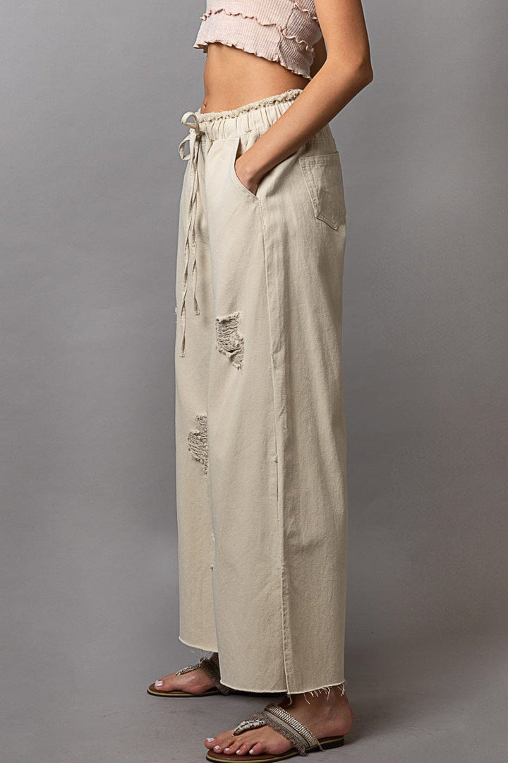 POL Wide Leg Distressed Denim Pants with Drawstring Waistband