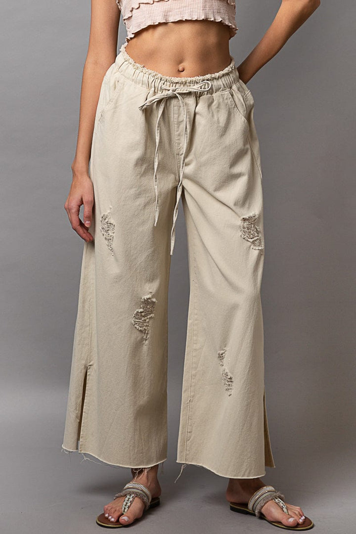 POL Wide Leg Distressed Denim Pants with Drawstring Waistband