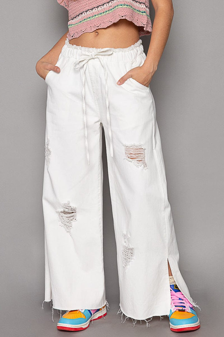 POL Wide Leg Distressed Denim Pants with Drawstring Waistband