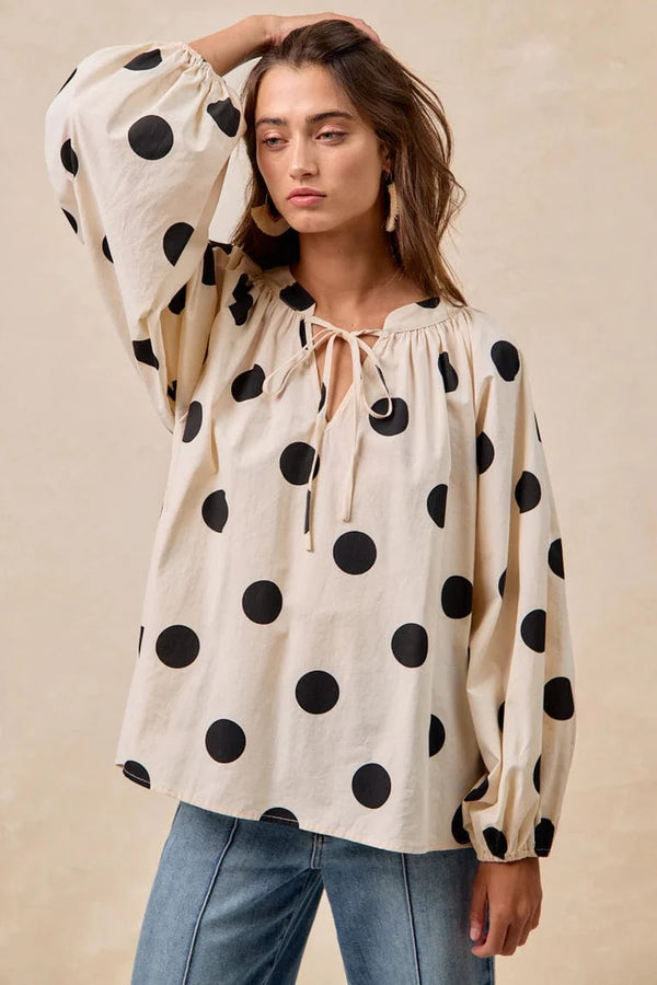 Polka Dot Exaggerated Balloon Sleeves Self Tie Top