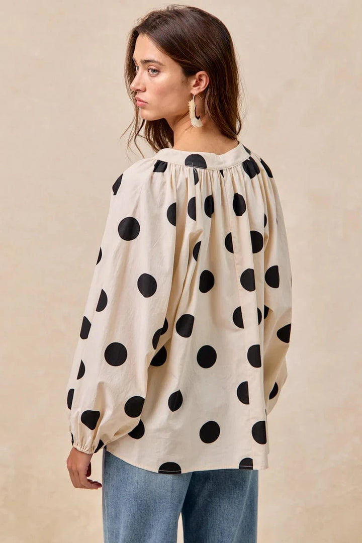 Polka Dot Exaggerated Balloon Sleeves Self Tie Top