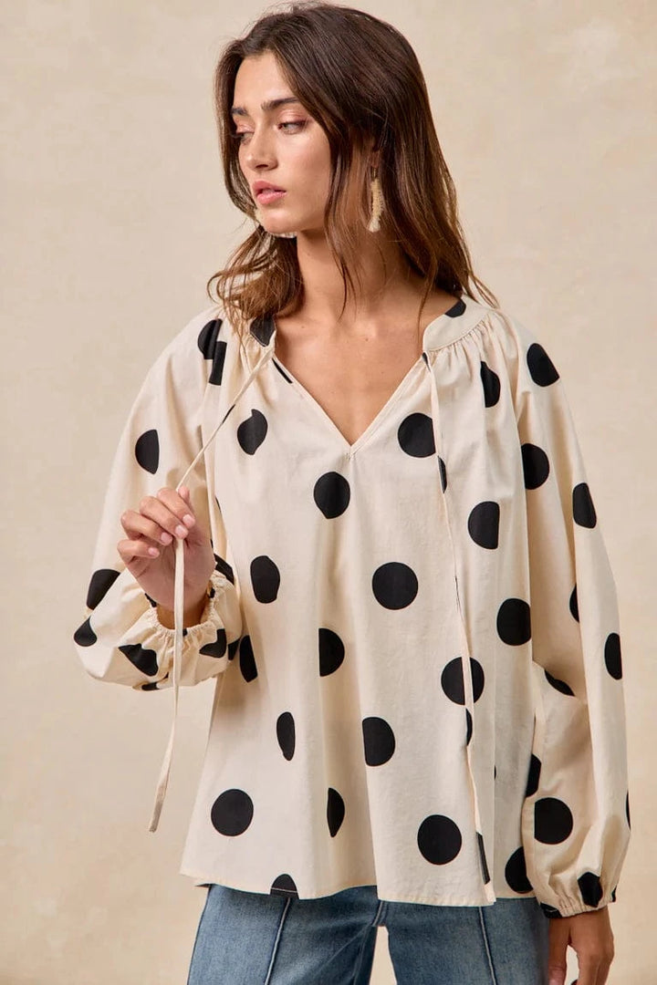 Polka Dot Exaggerated Balloon Sleeves Self Tie Top