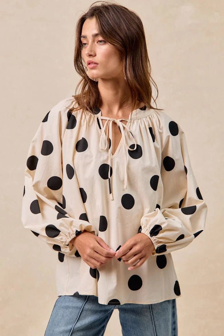 Polka Dot Exaggerated Balloon Sleeves Self Tie Top