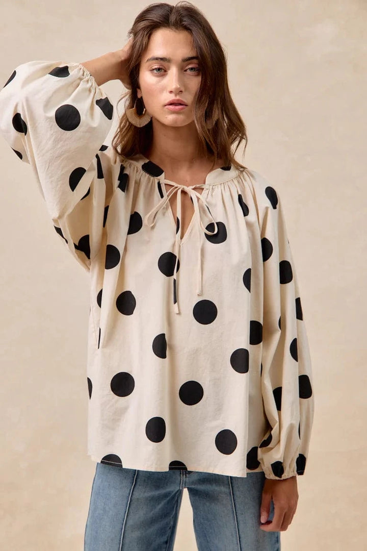 Polka Dot Exaggerated Balloon Sleeves Self Tie Top