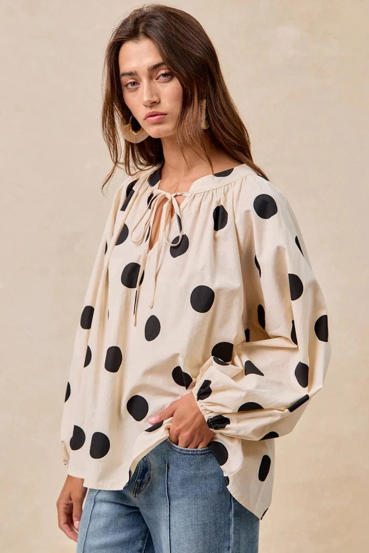 Polka Dot Exaggerated Balloon Sleeves Self Tie Top