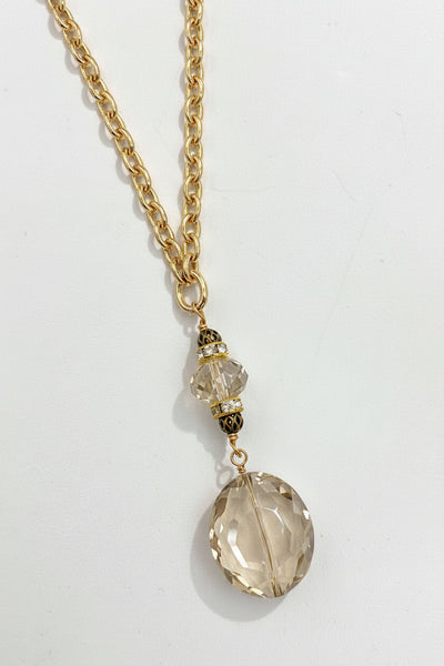 Pomona Faceted Oval Pendant and Crystal Accent Bead Long Chain Necklace