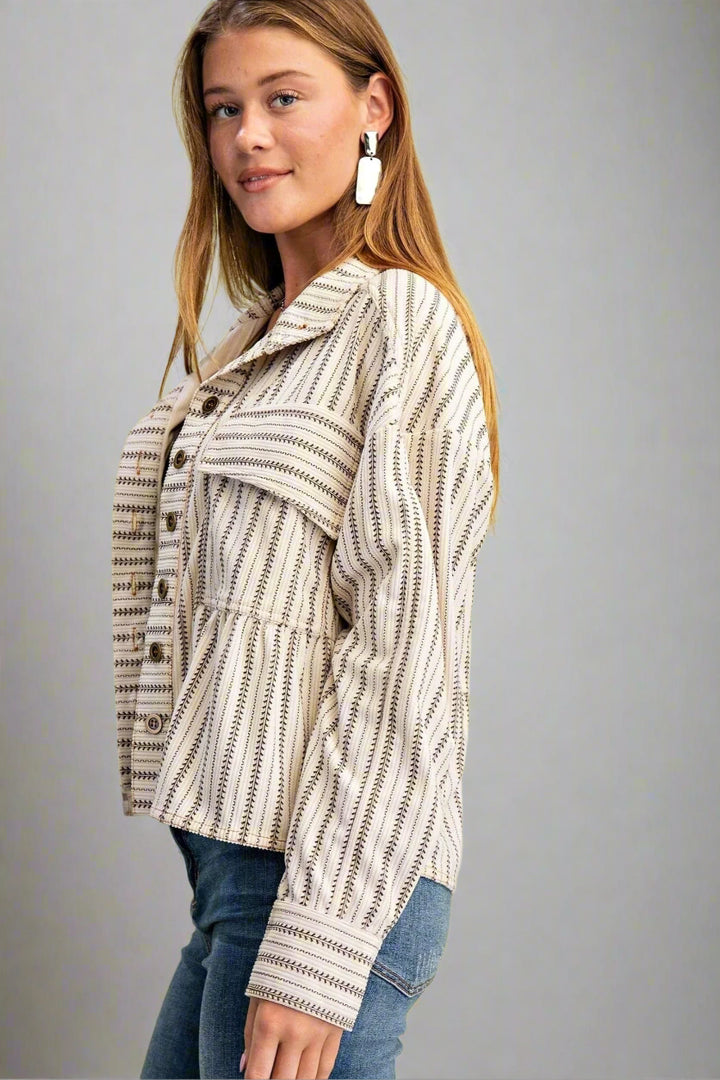 Printed Corduroy Babydoll Style Button Up Jacket