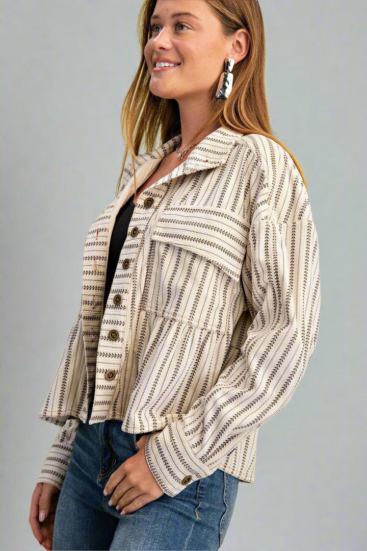 Printed Corduroy Babydoll Style Button Up Jacket