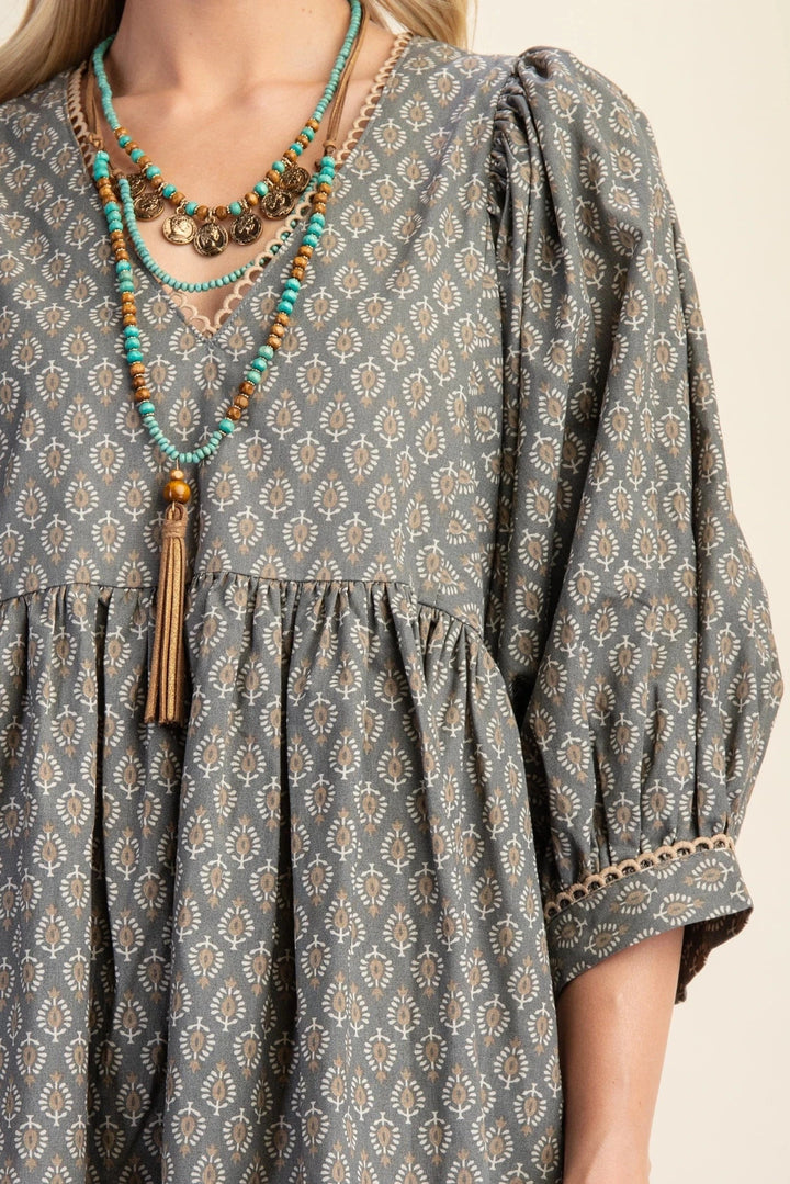 Printed Puff Sleeve Babydoll Dress with Scalloped Lace Trim