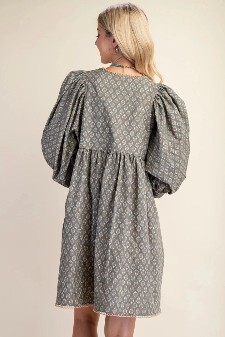 Printed Puff Sleeve Babydoll Dress with Scalloped Lace Trim