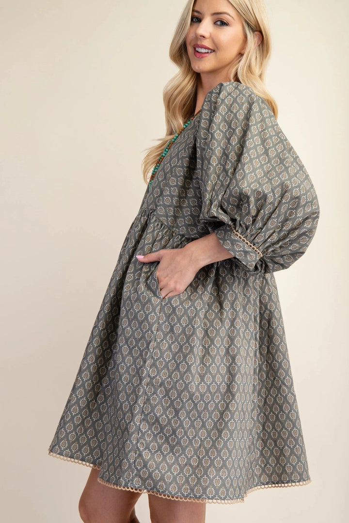 Printed Puff Sleeve Babydoll Dress with Scalloped Lace Trim