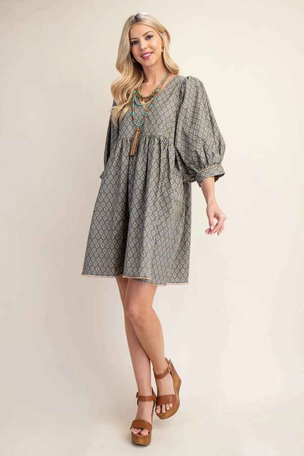 Printed Puff Sleeve Babydoll Dress with Scalloped Lace Trim