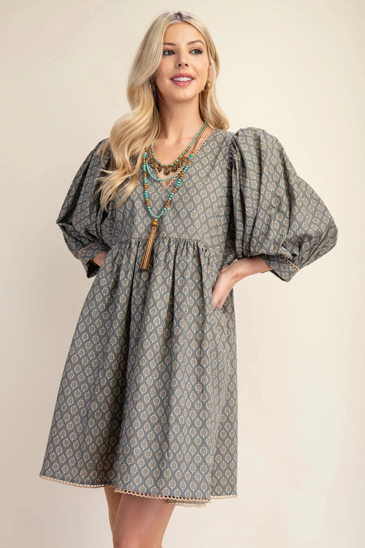 Printed Puff Sleeve Babydoll Dress with Scalloped Lace Trim