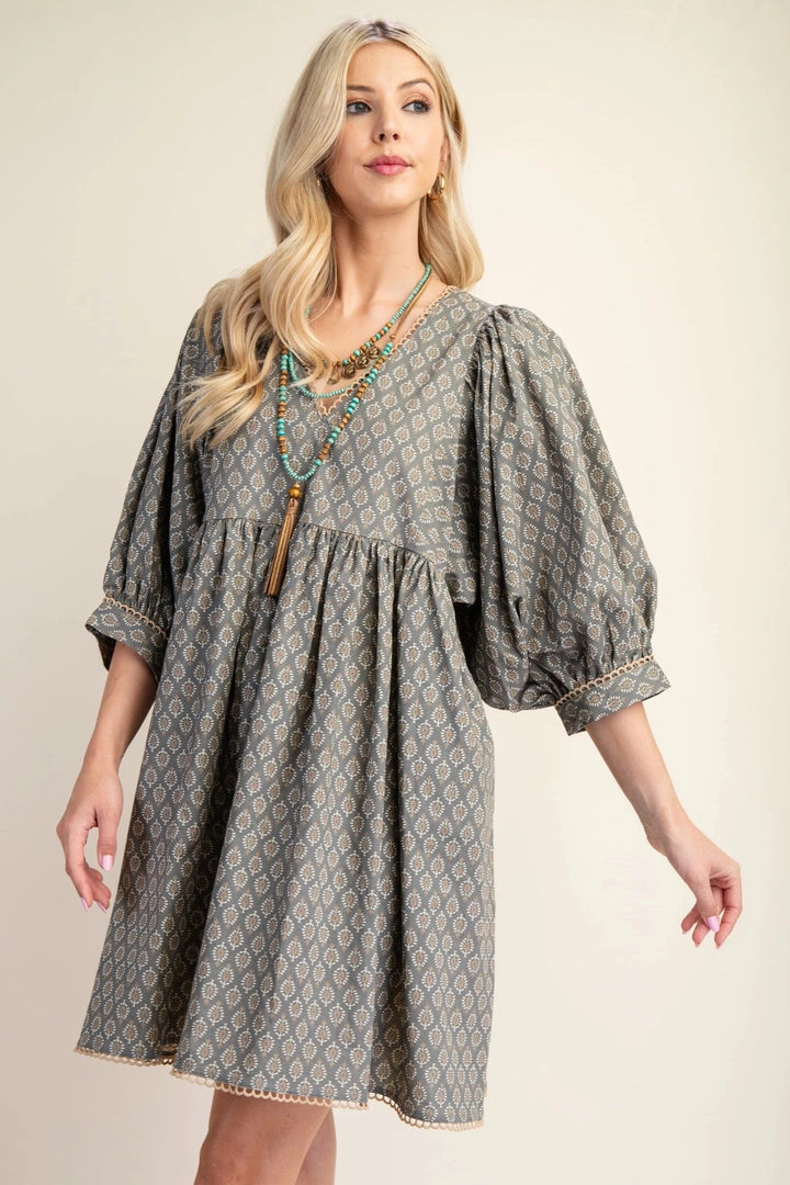 Printed Puff Sleeve Babydoll Dress with Scalloped Lace Trim