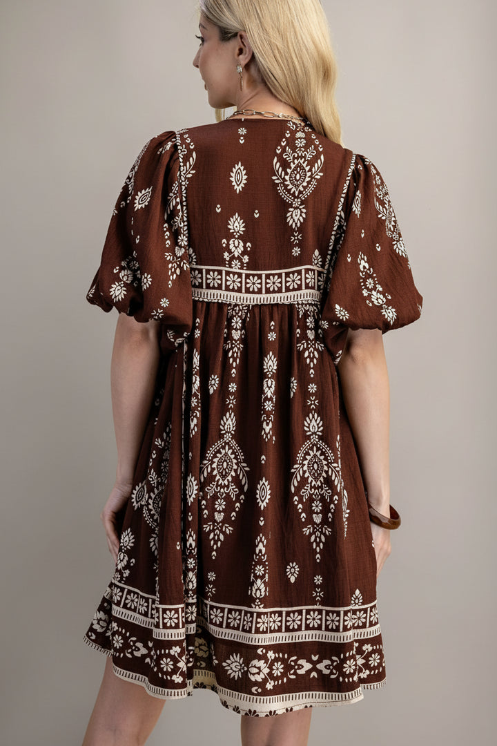 Printed Puff Sleeve Babydoll Mini Dress with Neck Ties