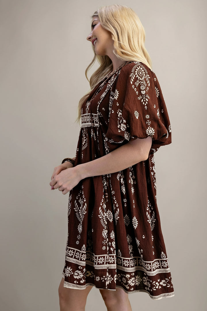 Printed Puff Sleeve Babydoll Mini Dress with Neck Ties
