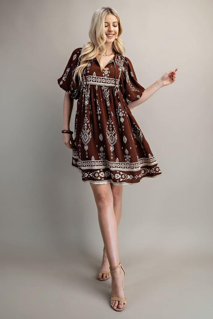 Printed Puff Sleeve Babydoll Mini Dress with Neck Ties