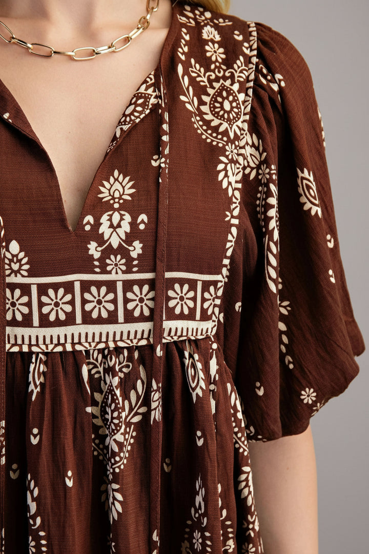 Printed Puff Sleeve Babydoll Mini Dress with Neck Ties