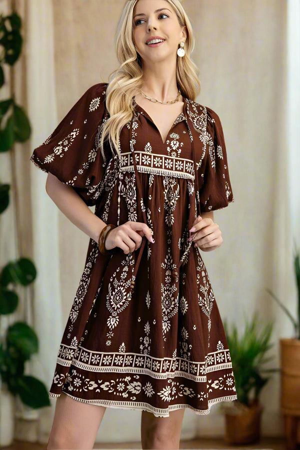 Printed Puff Sleeve Babydoll Mini Dress with Neck Ties