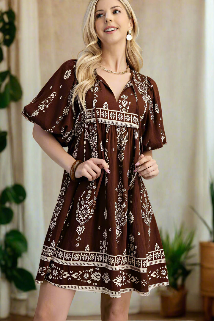 Printed Puff Sleeve Babydoll Mini Dress with Neck Ties