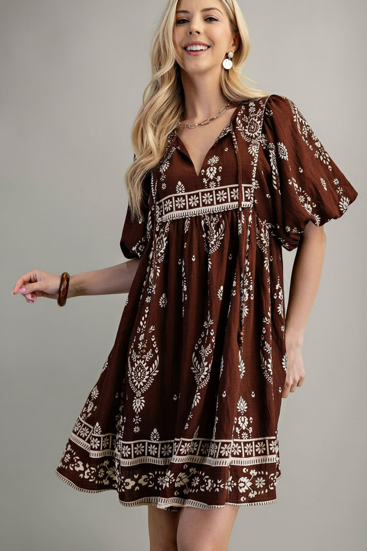 Printed Puff Sleeve Babydoll Mini Dress with Neck Ties