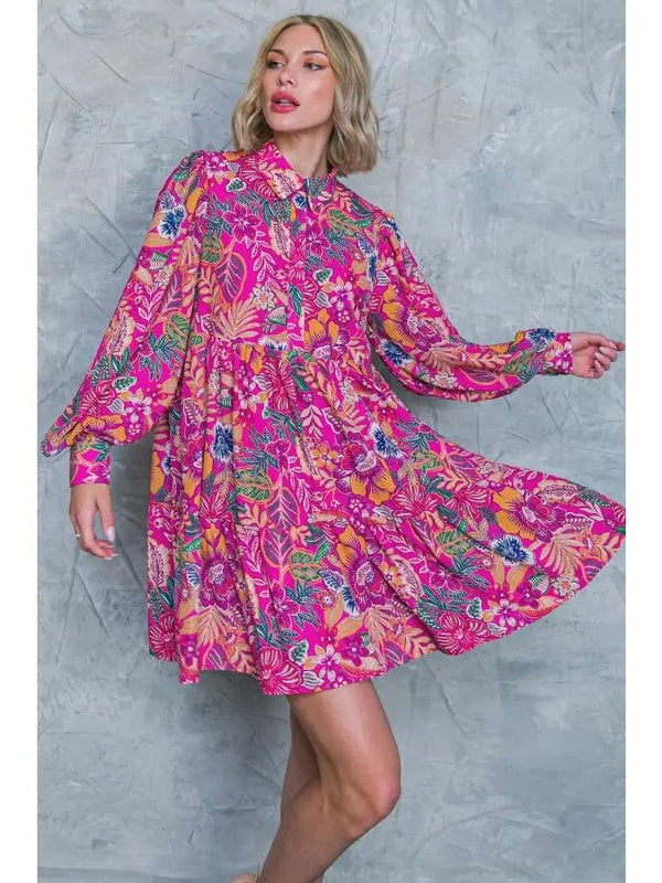 Printed Woven Tiered Mini Dress with Long Sleeves