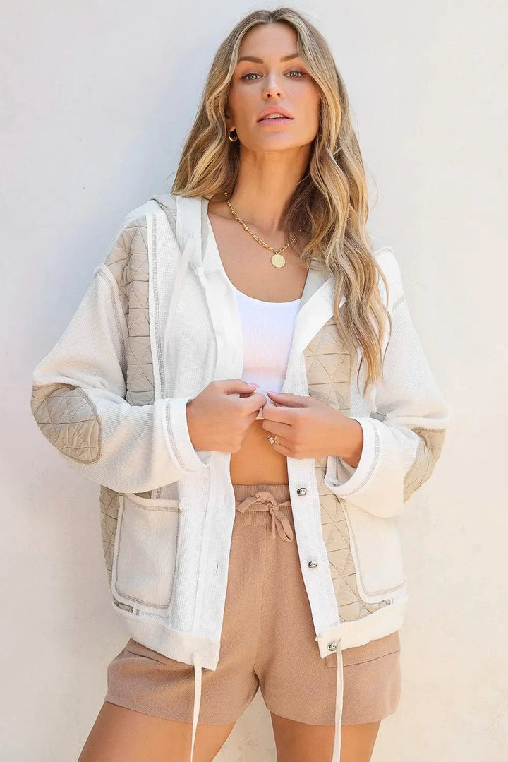 Quilted Panel and Elbow Patches Loose Fit Patchwork Button Up Hooded Jacket