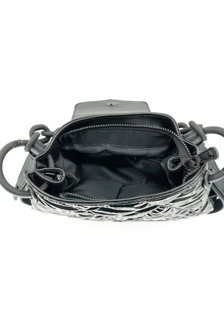 Quilted Patent Shoulder Bag with Matte Chain and Vegan Leather Flap