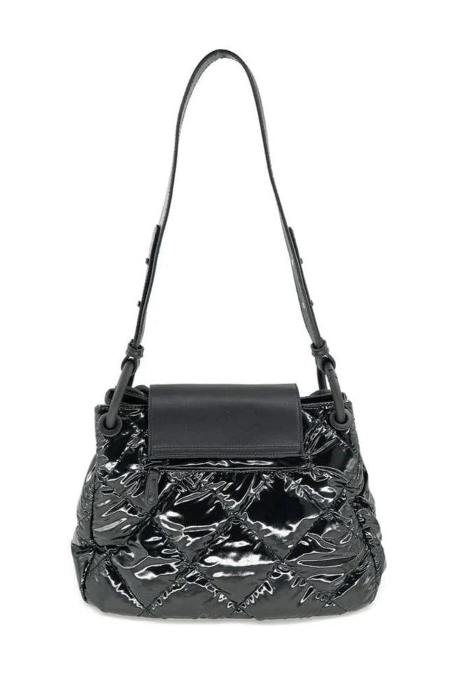 Quilted Patent Shoulder Bag with Matte Chain and Vegan Leather Flap