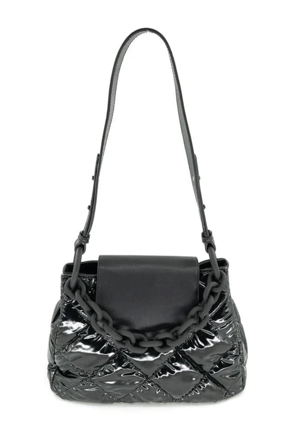 Quilted Patent Shoulder Bag with Matte Chain and Vegan Leather Flap