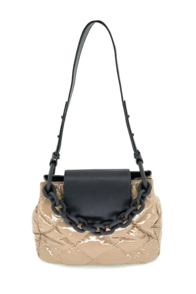 Quilted Patent Shoulder Bag with Matte Chain and Vegan Leather Flap