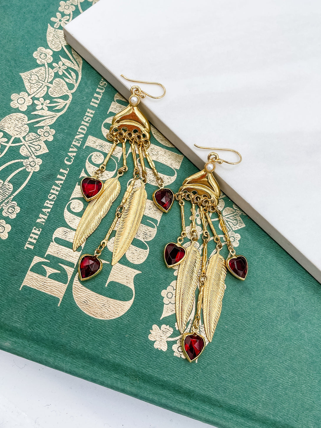 Raphael Vintage Earrings with Gold Feathers and Crystal Hearts