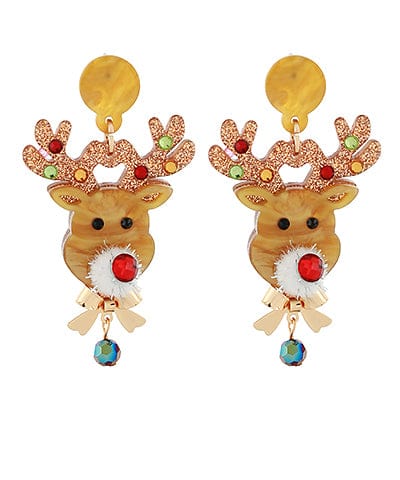 Red Nose Reindeer Head Christmas Dangle Earrings with Bow Accent