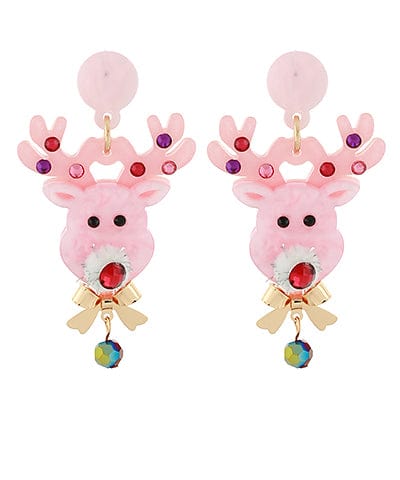 Red Nose Reindeer Head Christmas Dangle Earrings with Bow Accent