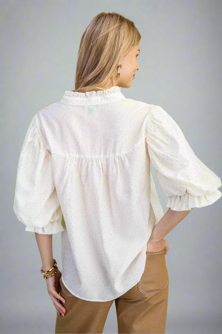 Rhinestone Embellished 3/4 Length Balloon Sleeve Blouse
