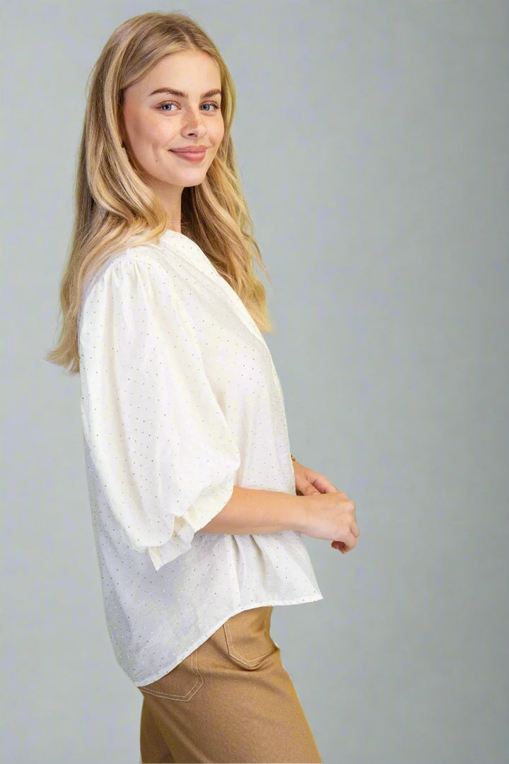 Rhinestone Embellished 3/4 Length Balloon Sleeve Blouse