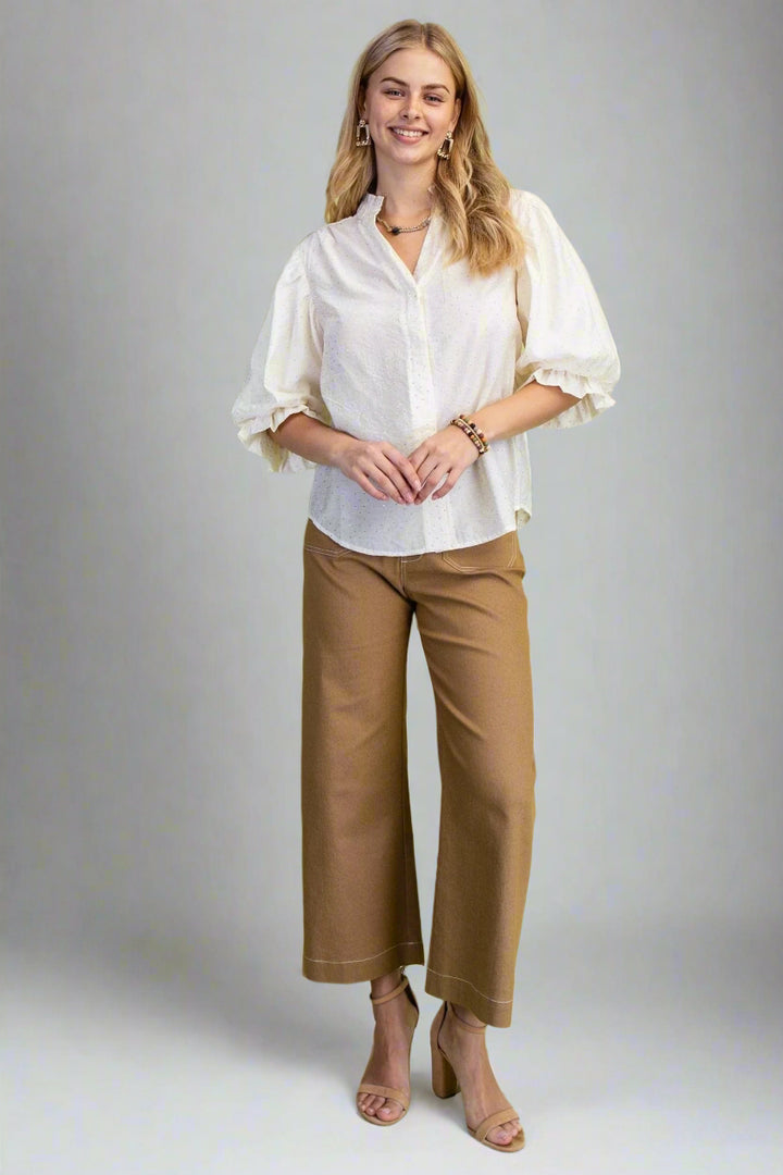 Rhinestone Embellished 3/4 Length Balloon Sleeve Blouse