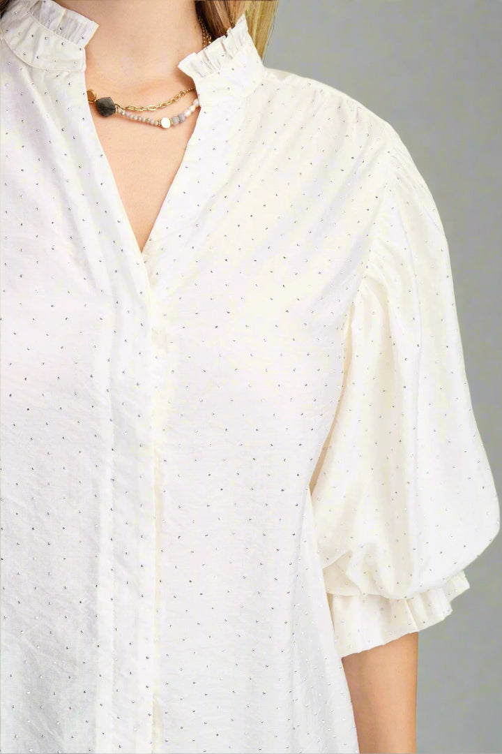 Rhinestone Embellished 3/4 Length Balloon Sleeve Blouse