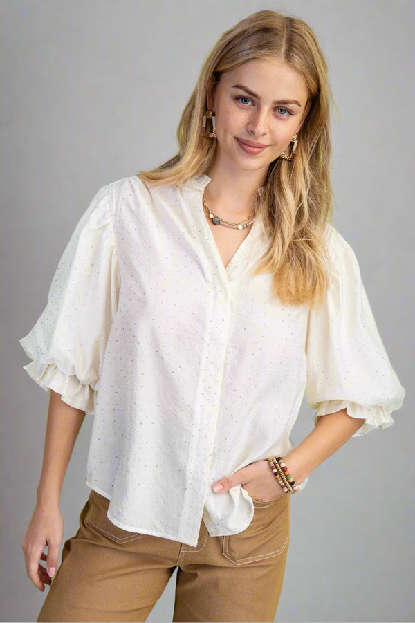 Rhinestone Embellished 3/4 Length Balloon Sleeve Blouse