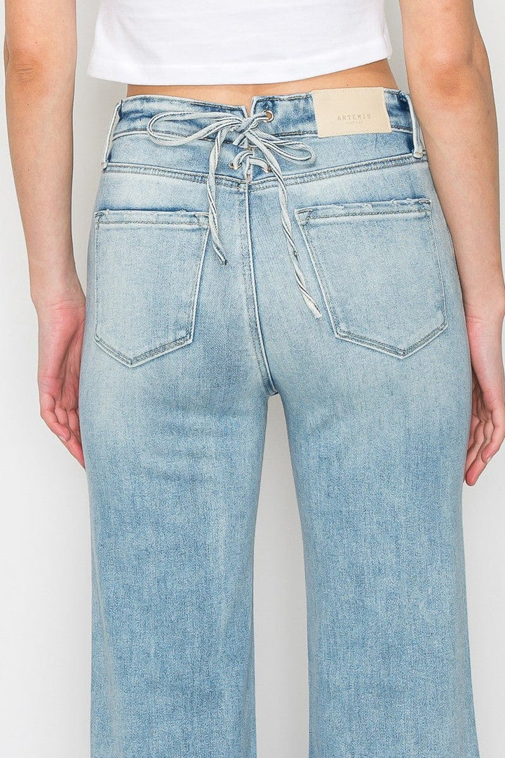 Rhinestones on Pocket Stretch Wide Jeans with Tie on Back