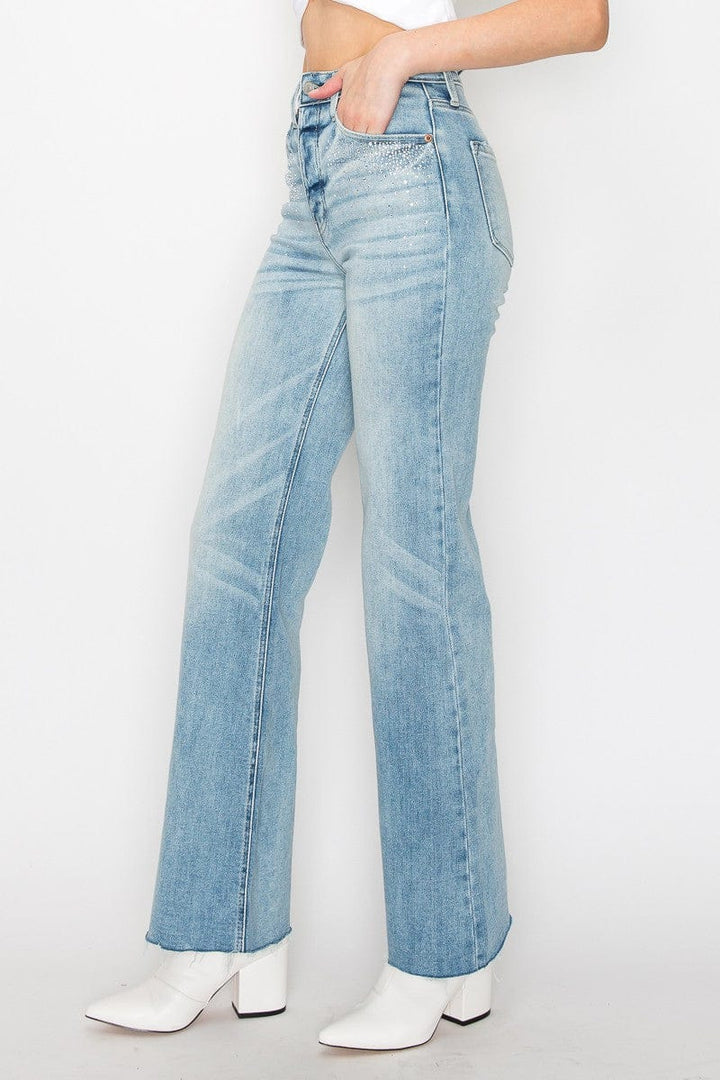 Rhinestones on Pocket Stretch Wide Jeans with Tie on Back