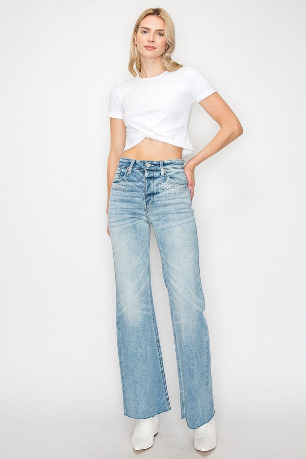 Rhinestones on Pocket Stretch Wide Jeans with Tie on Back