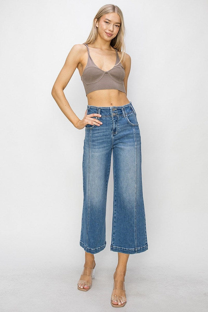 Risen High Rise Front Seam Detail Crop Wide Jeans