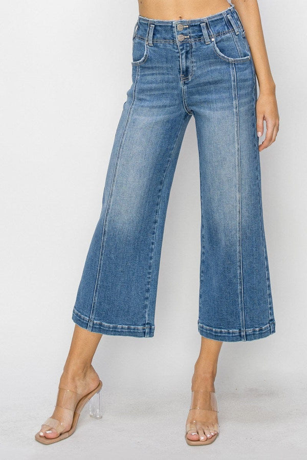 Risen High Rise Front Seam Detail Crop Wide Jeans