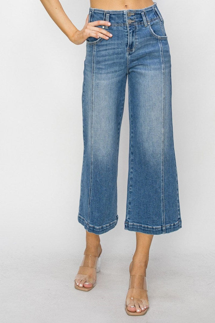 Risen High Rise Front Seam Detail Crop Wide Jeans