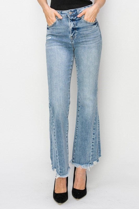 Risen High Rise Side Leg Seam Line Detail Ankle Flare Jeans