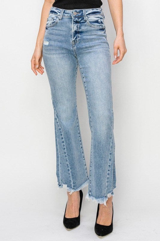 Risen High Rise Side Leg Seam Line Detail Ankle Flare Jeans