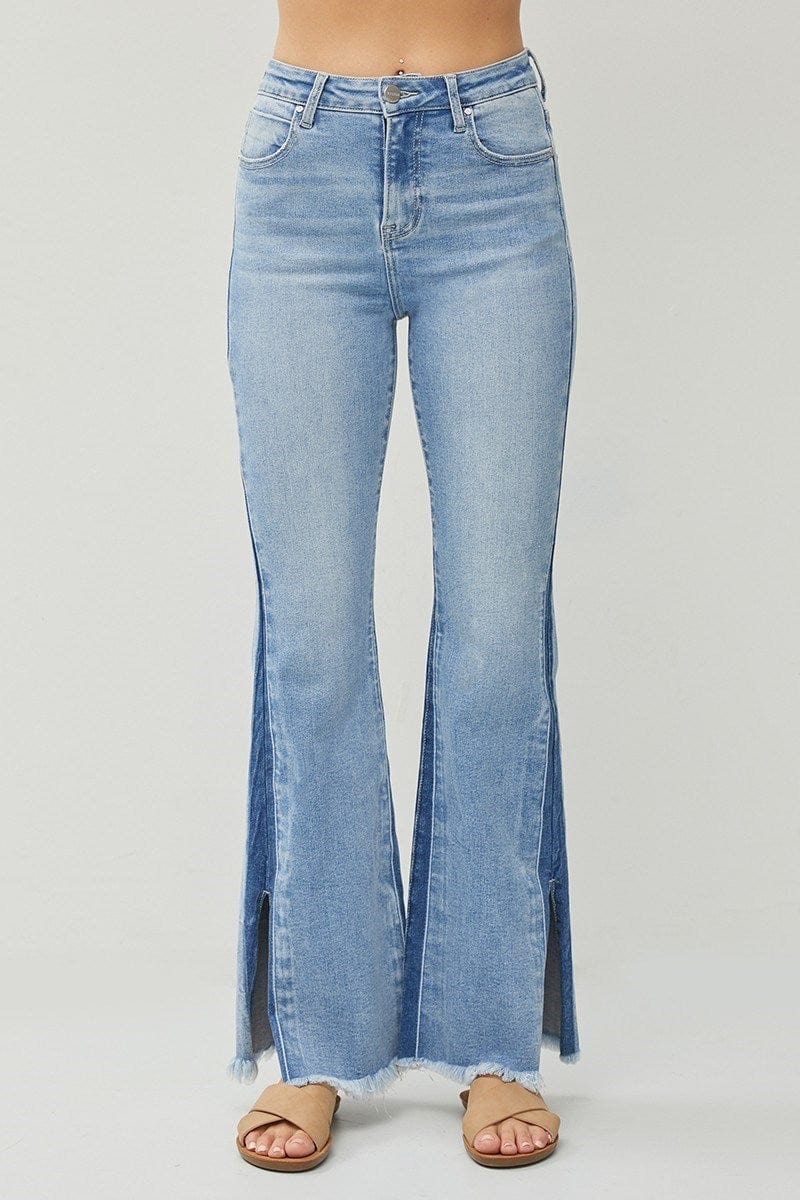 Risen High Rise Side Shadow Seam Detail Slit Flare Jeans