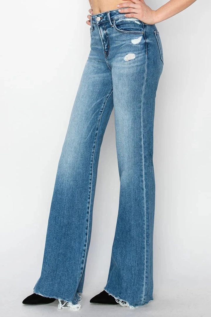Risen Tummy Control Mid Rise Wide Jeans with Slight Distressing and Raw Hem